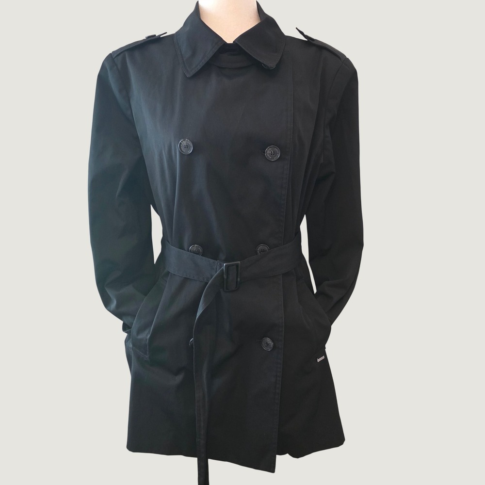 Anne Klein Peacoat Rain Trench Coat Double-Breasted Black Classic Dark Large